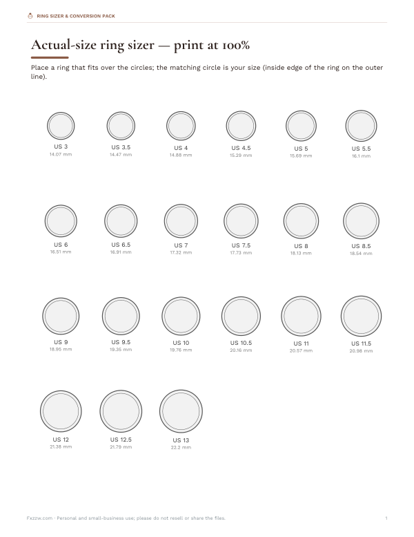 Preview of Printable Ring Sizer Chart